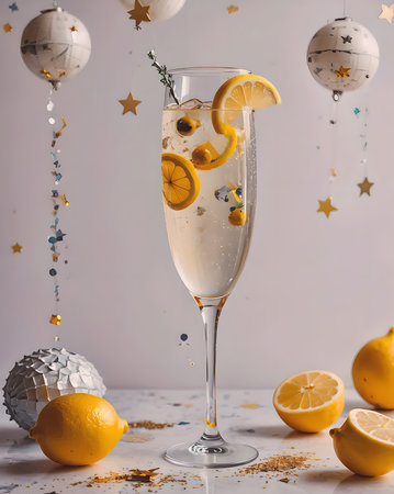 An opulent French 75 in a chilled champagne flute with a twist of lemon, isolated against a pure white backdrop.の素材