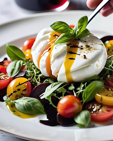 An elegant heirloom tomato and burrata salad, drizzled with basil-infused olive oil and balsamic reduction, garnished with microgreensの素材