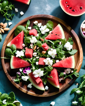 An elegant watermelon and feta salad with arugula, mint, toasted almonds, and a balsamic reduction.の素材