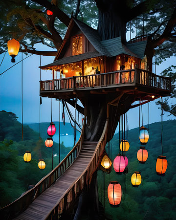 A magical treehouse village nestled in a giant tree, with rope bridges and lanterns.の素材