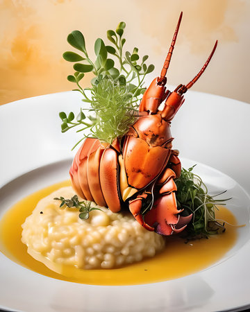 An elegant lobster tail served with saffron-infused risotto, garnished with microgreens and a delicate drizzle of truffle oilの素材