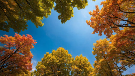 Autumn tree canopy viewed upward against blue skyの素材