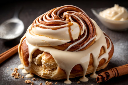 Close-up glazed cinnamon roll with creamy drizzleの素材