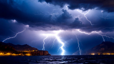 Dramatic nocturnal lightning storm over coastal landscapeの素材