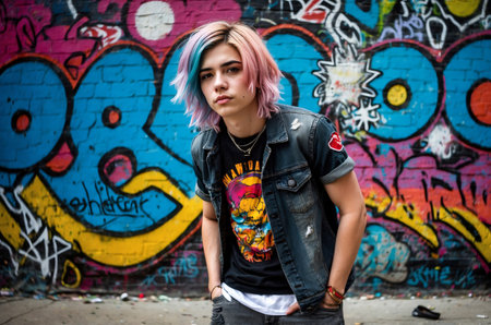 Urban youth portrait with colorful graffiti backdropの素材