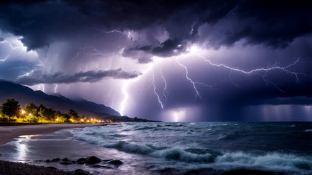 Powerful lightning bolts striking over choppy seasideの素材