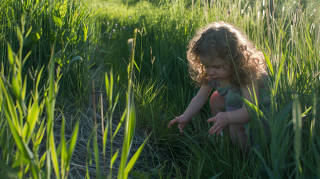 Little girl playing in the grass in the meadow at sunset.の素材