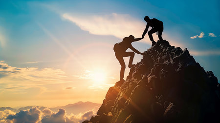 Silhouette of two climbers reaching the top of a mountain..の素材