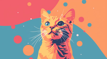 illustration of a cute cat on a colored background with dots.の素材