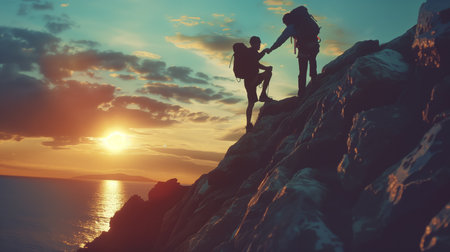 couple of hikers with backpacks on the top of a mountain at sunset.の素材