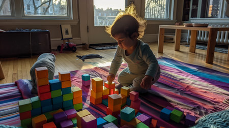 Little girl playing with colorful wooden blocks in the living room at home.の素材