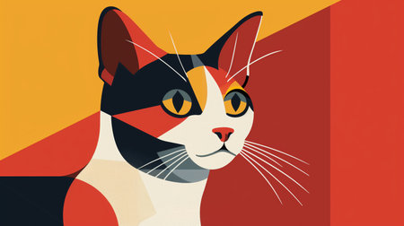 illustration of a cat on a red and orange background with copy space.の素材