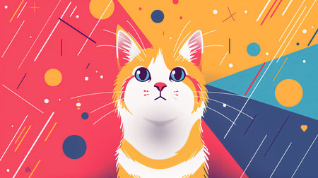 illustration of a cute cat on a colorful background with geometric elements.の素材
