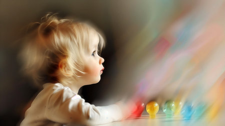 Little baby girl playing with colorful toy balls. Blurred background.の素材
