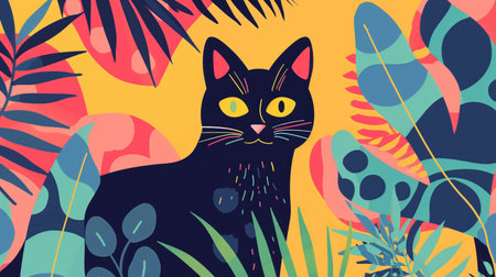 Cute black cat surrounded by tropical leaves.の素材