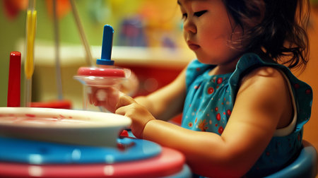 Little Asian girl playing with toys in the children's room.の素材