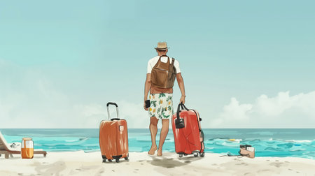 Illustration of a man with a suitcase on the beach. Travel concept.の素材
