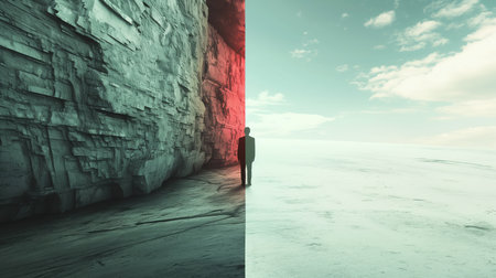 Conceptual image with a man standing in front of the wall.の素材