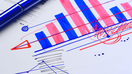 financial chart with blue pen close-up on white background, business concept.の素材