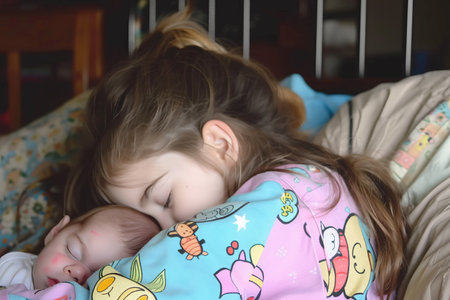 Cute little girl sleeping with her newborn sister on the bed.の素材