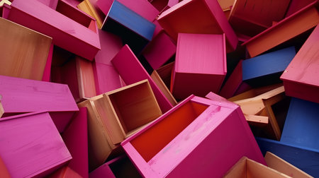pile of colorful wooden boxes in the shop, closeup of photo.の素材