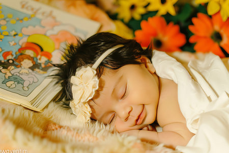 Cute little girl sleeping on the bed with book and flowers.の素材