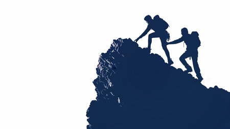 Silhouette of a couple climbing a mountain.の素材