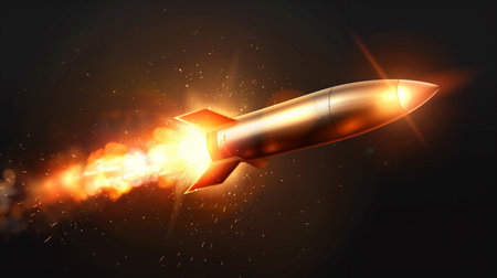 illustration of a flying missile with fire and sparks on black background.の素材