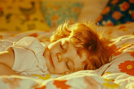 Portrait of a cute little red-haired girl sleeping in bed.の素材