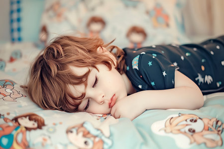Portrait of a cute little boy sleeping in bed at home.の素材
