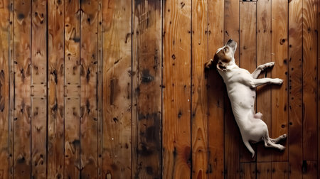 Dog sleeping on a wooden wall. Dog lying on a wooden wall.の素材