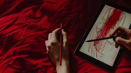Woman drawing on digital tablet in bed, top view. Red background.の素材
