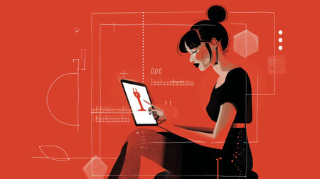 illustration of a young woman using a tablet computer with a red background.の素材
