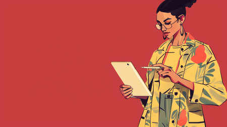 illustration of a woman using a digital tablet on a red background.の素材