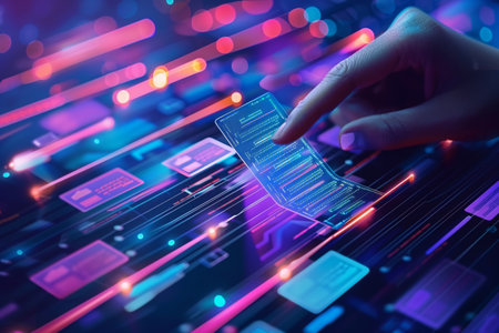 Close up of human hand touching virtual panel with glowing lights on it.の素材