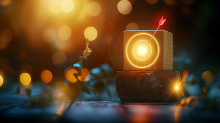 Archery target on wooden block with light bokeh background.の素材