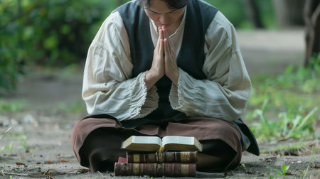 Young monk praying in the park with prayer book on the ground.の素材