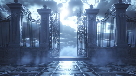 Fantasy portal to heaven with glowing golden gate entrance, 3d render.の素材