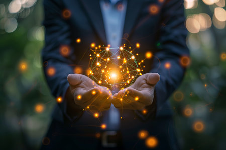 Businessman hand holding global network connection concept on blurred nature background.の素材