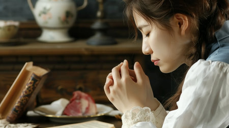 Portrait of a beautiful little girl reading a book in the kitchen.の素材