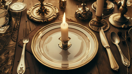 Vintage table setting with candles and vintage silverware on wooden table.の素材