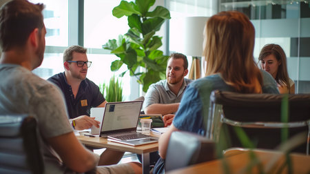 Group of a young business people discussing business plan in the office.の素材
