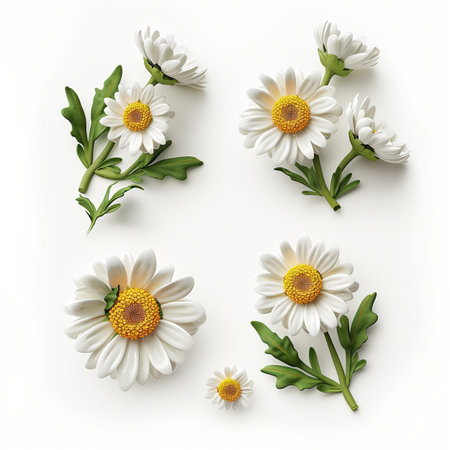 White daisies with green leaves isolated on white background, top view.の素材