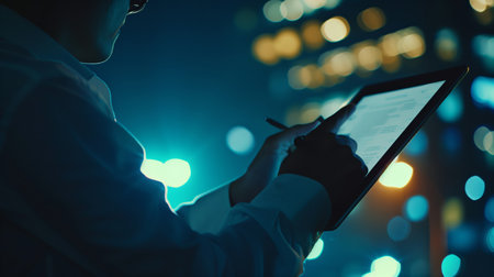 Businessman using tablet computer in the city at night. Technology concept.の素材