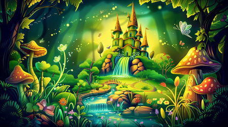 Magic Fairy Tale Landscape with castle and waterfall.の素材