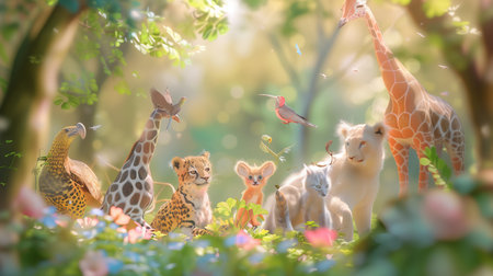group of baby giraffes in the forest with sun and bokeh.の素材