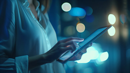 Woman using tablet computer in the city at night. Close-up.の素材