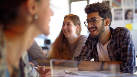 Group of a young business people discussing business plan in the office.の素材