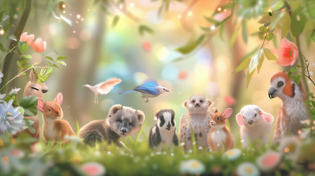 Cute cartoon animals in the forest. 3d render illustration.の素材