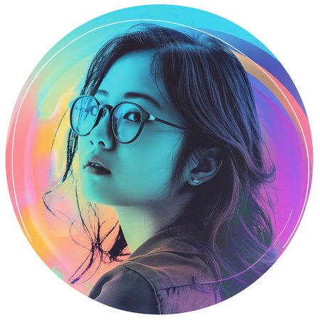 Portrait of a young beautiful Asian woman in glasses. Stylish girl isolated on transparent background.の素材